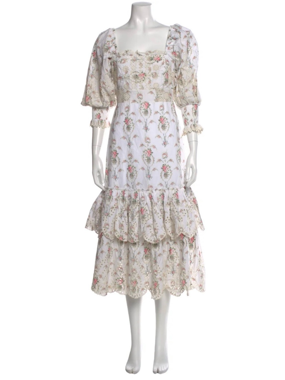 LoveShackFancy Floral Eyelet Cotton Midi Dress, Puff Sleeves, Size 4, EUC!